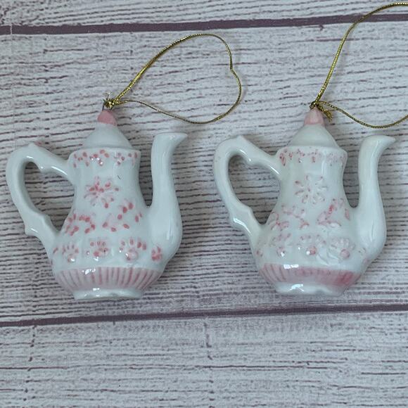 White and Pink Floral Porcelain Teapot Ornament Set of 2 - Picture 2 of 12